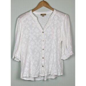 Democracy Women's Top Size L White Crochet Lace Boho Casual Coastal Cotton